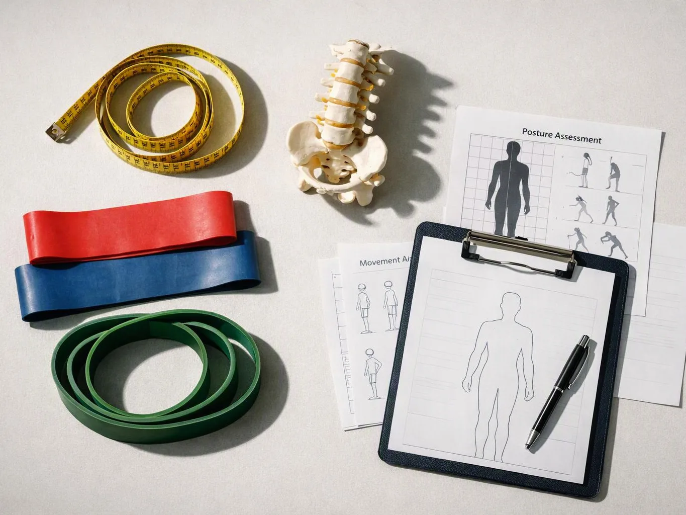 Fitness assessment tools, including measuring tape, resistance bands, a spine model, and posture charts on a table