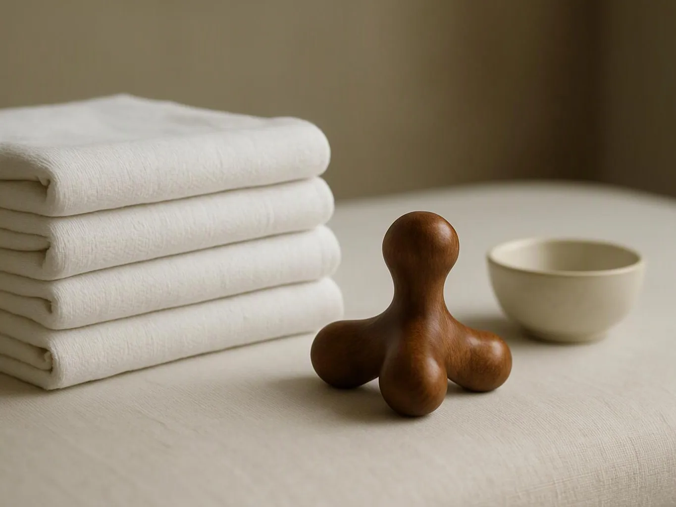 A folded stack of white towels sits beside a wooden massage tool and a small bowl on a beige surface