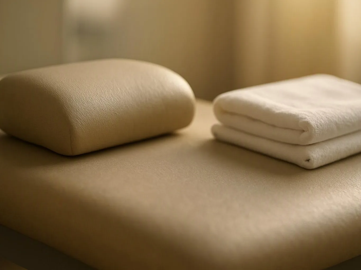 A folded white towel and a beige cushion rest on a soft tan bed or massage table