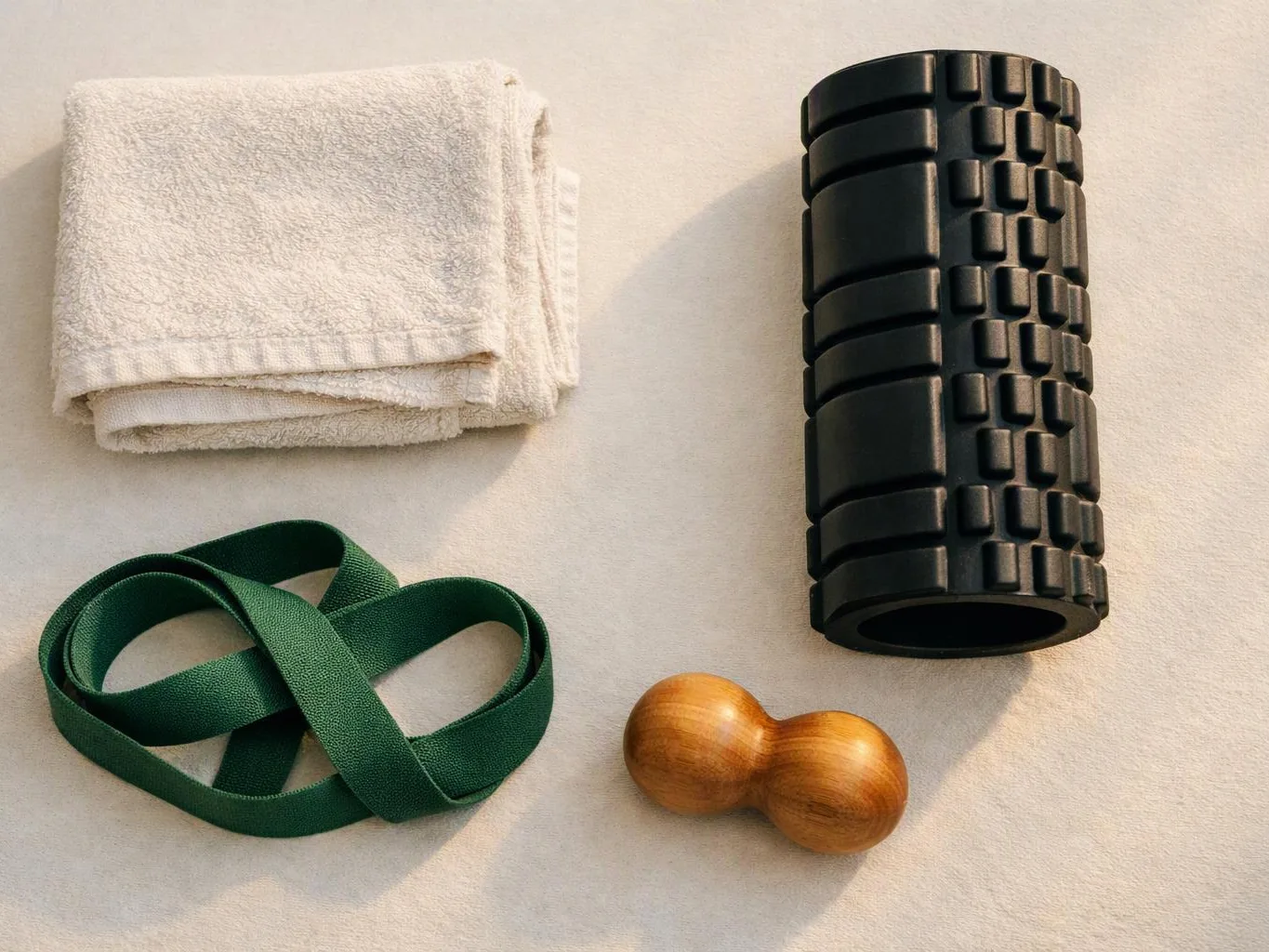 A folded white towel, green exercise band, black foam roller, and wooden massage tool rest on a light fabric surface