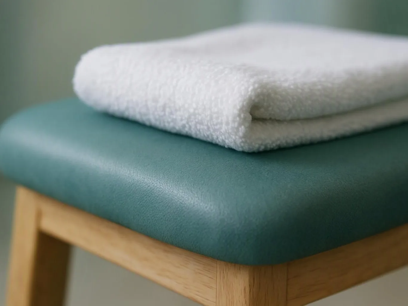 A folded white towel rests on a teal padded bench with a wooden frame against a soft gray background