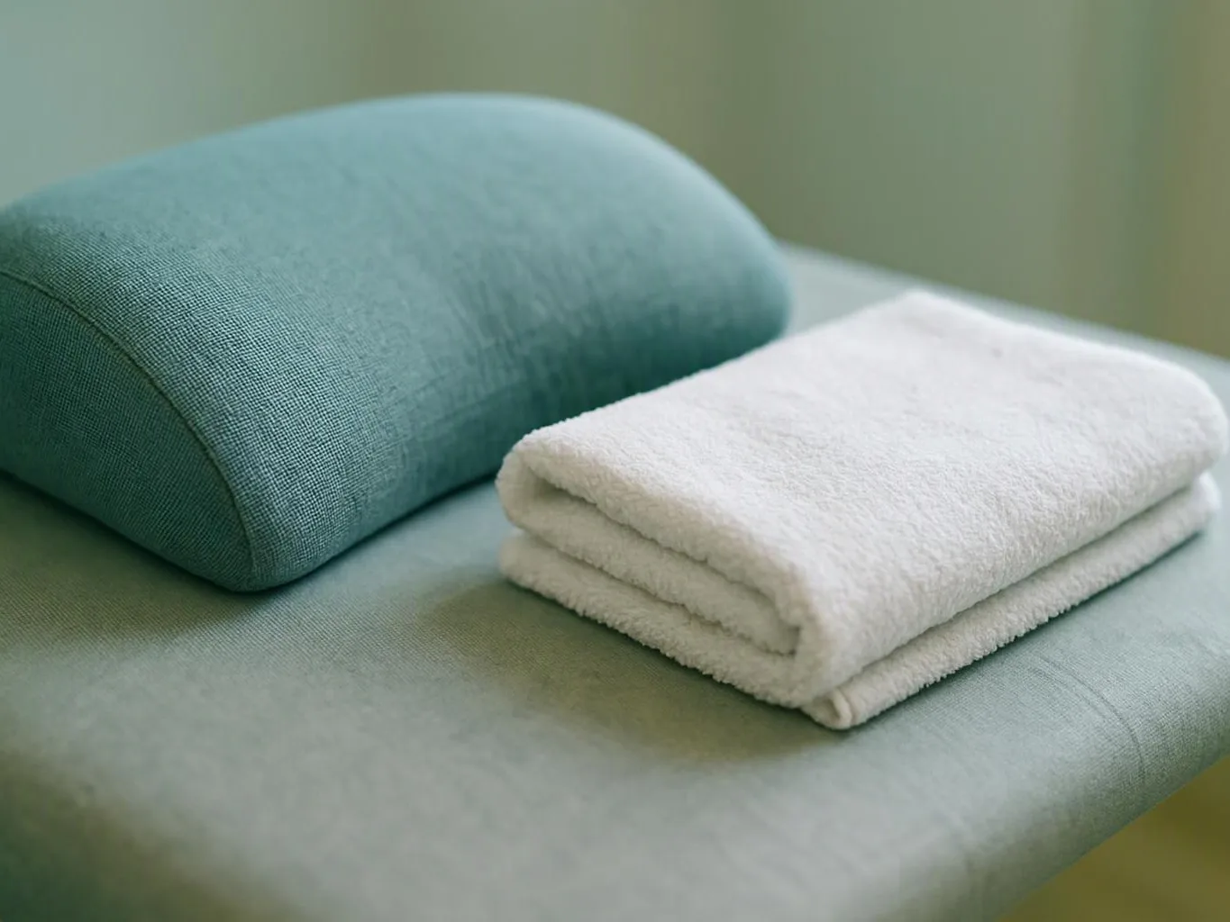 A folded white towel sits beside a teal cushion on a light green upholstered surface
