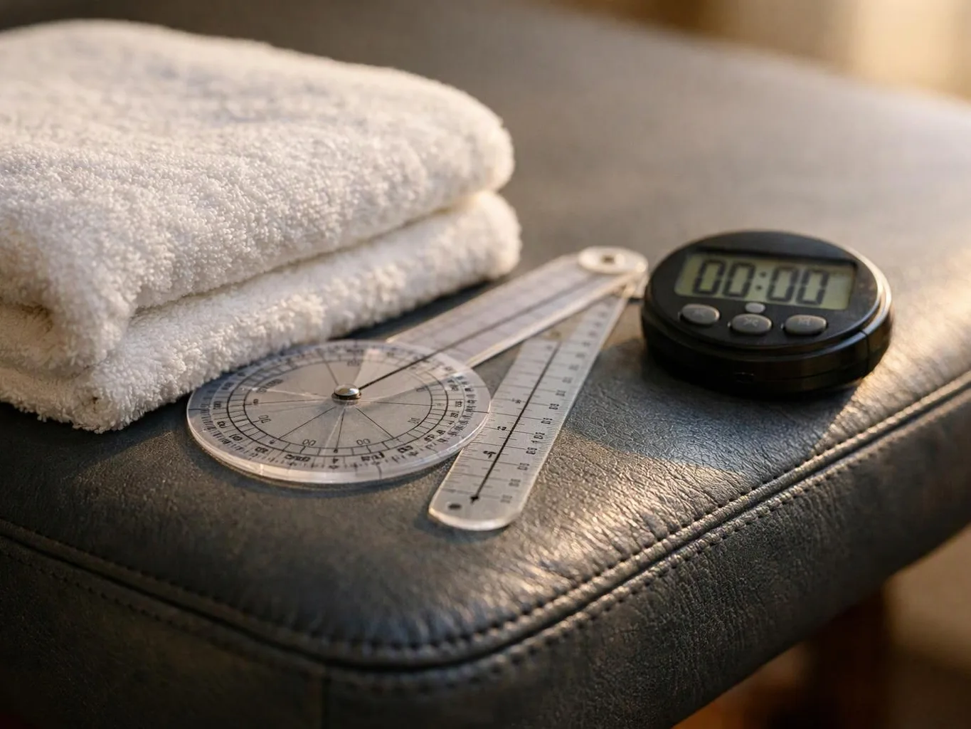 Folded white towels sit beside a clear protractor, ruler, and digital timer on a black leather surface
