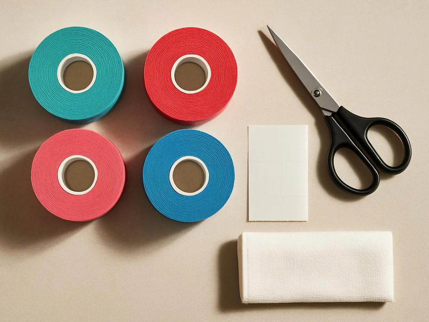 Four colorful tape rolls, scissors, and white bandage strips lie neatly on a beige surface