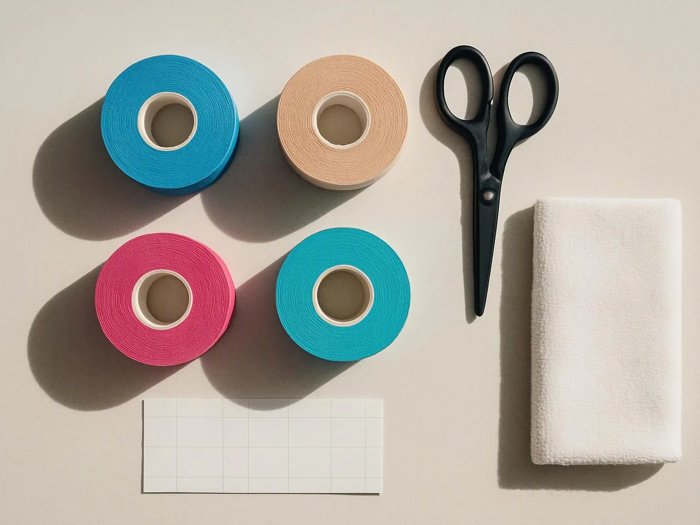 Four rolls of colorful tape, black scissors, a folded white cloth, and a blank label rest on a beige surface