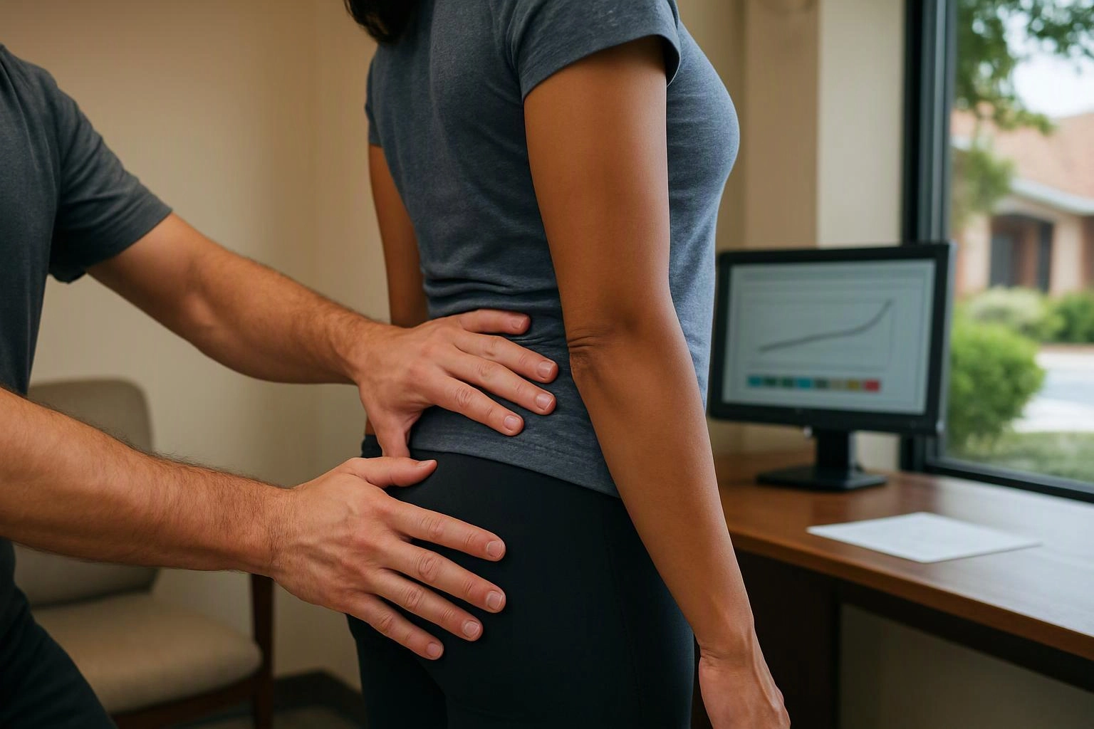 A person gently places both hands on another person’s lower back beside a desk with a computer monitor