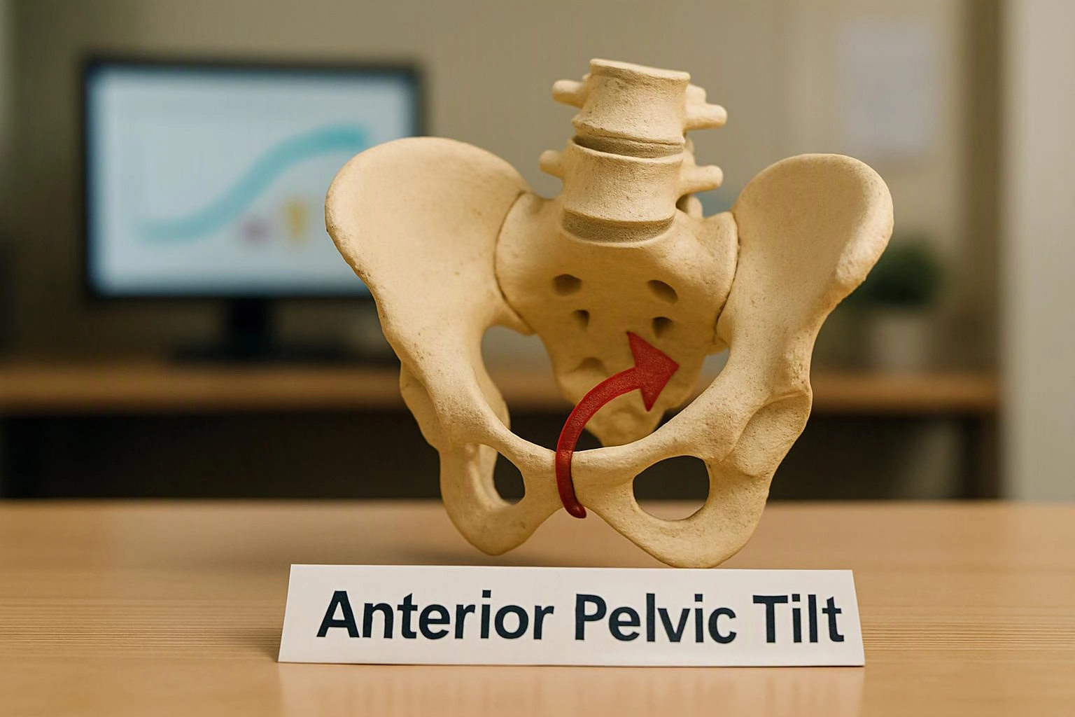 A pelvis model with a red arrow sits on a desk, with a monitor blurred behind it