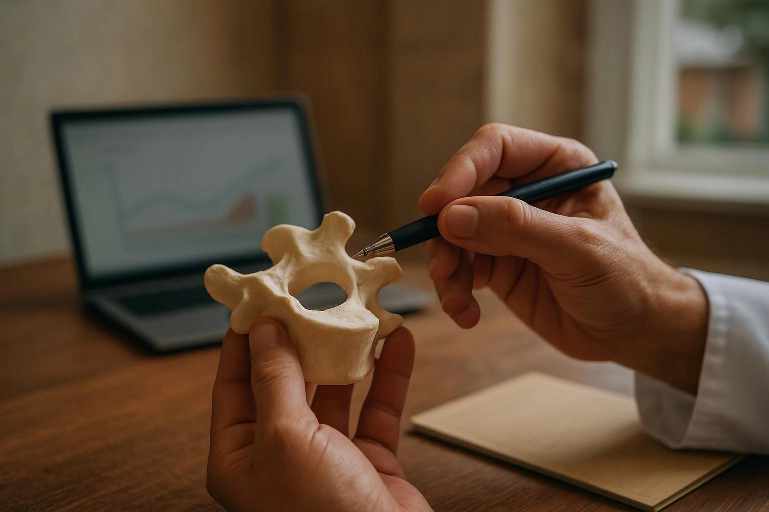 Hands hold a small spine model while a pen points at it on a desk beside a laptop