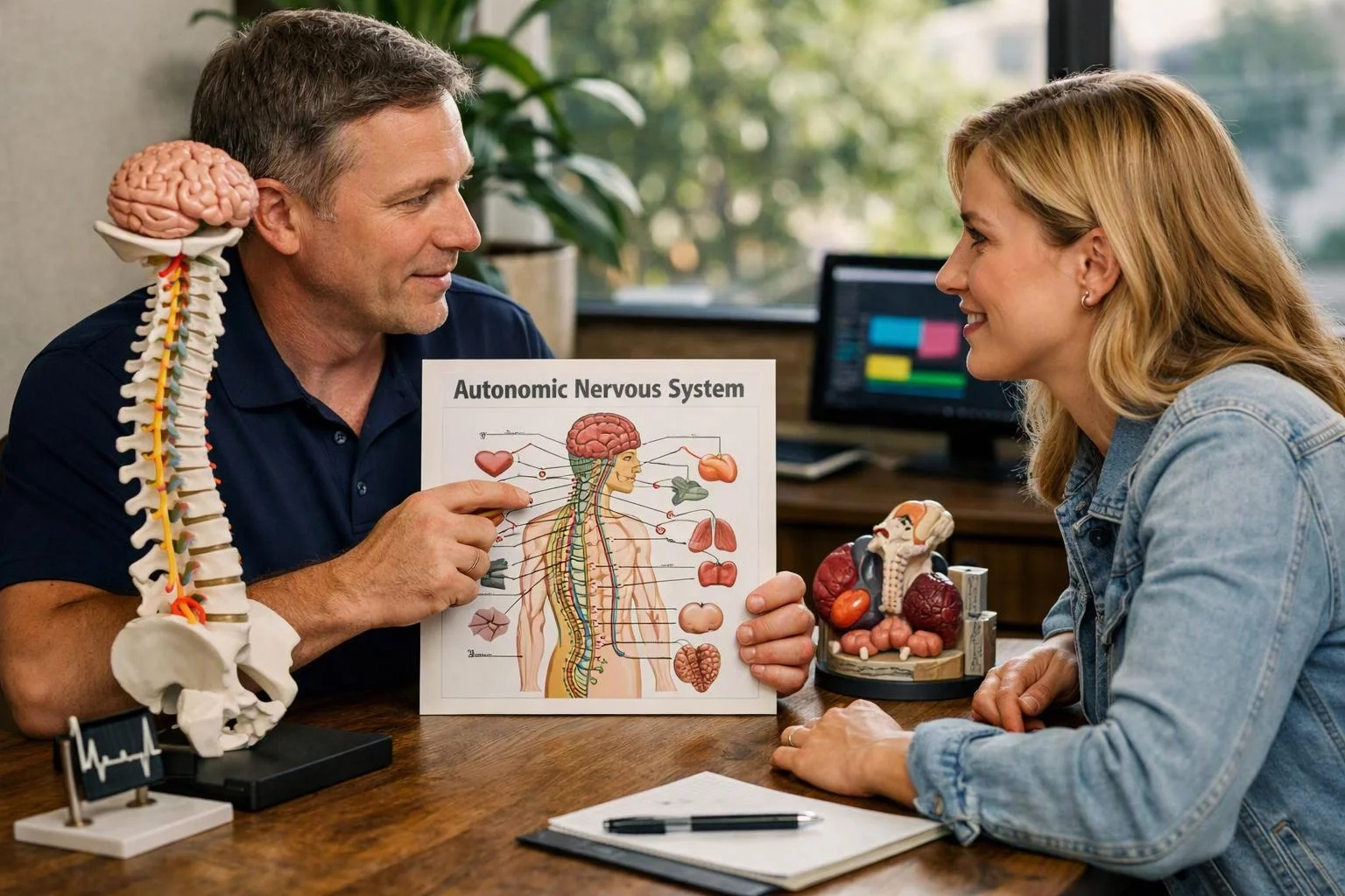 Two people discuss a nervous system chart at a desk with anatomy models and a laptop in the background