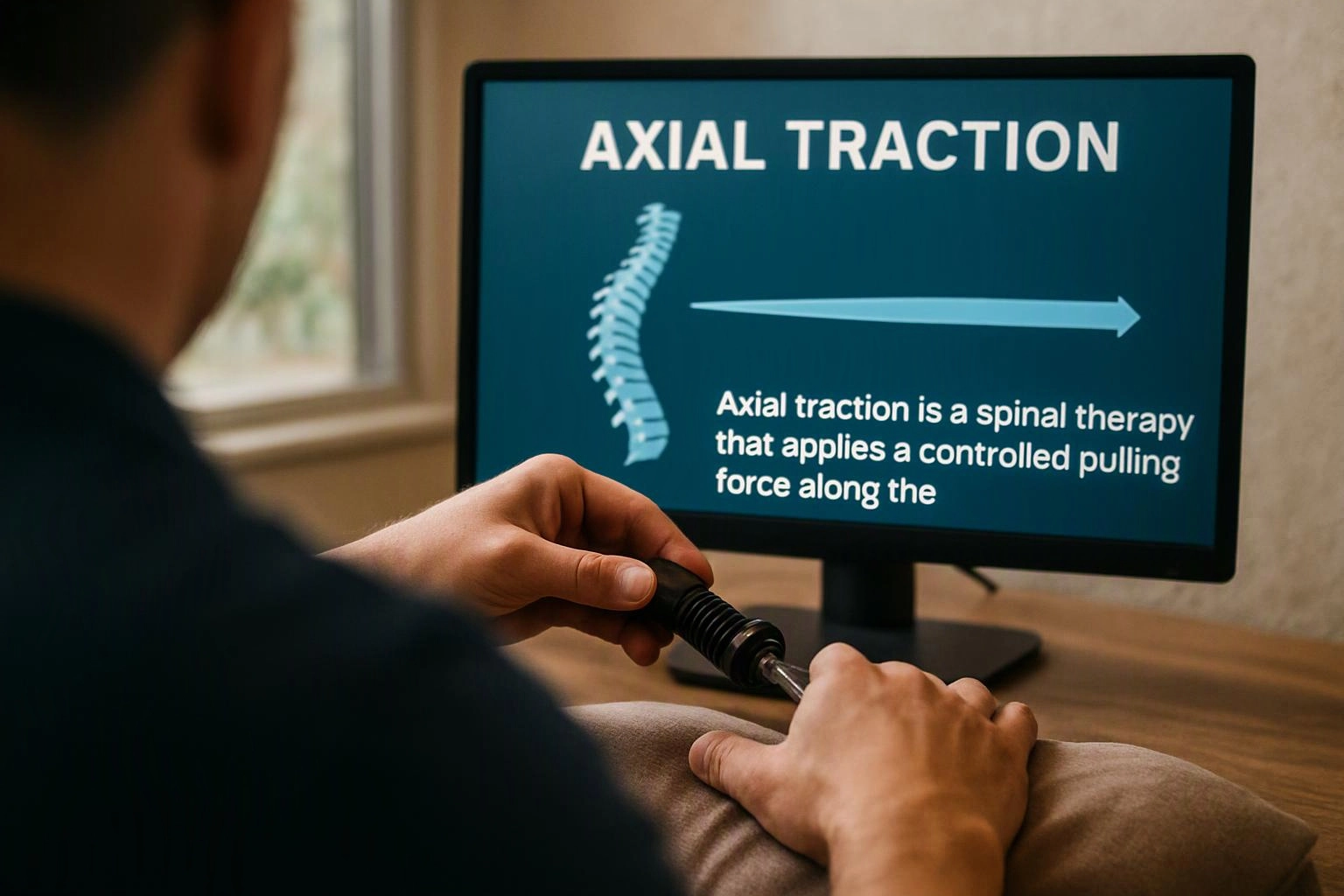 A person holds a handheld tool while looking at a monitor showing an “AXIAL TRACTION” spinal diagram