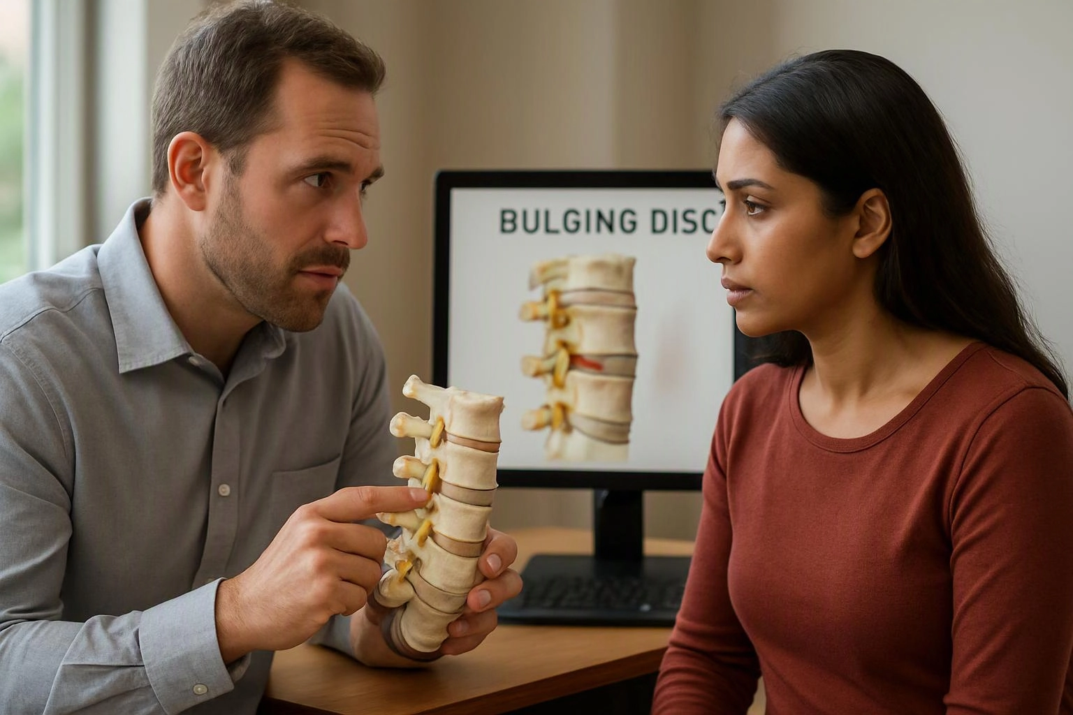 A man shows a spine model to a woman while a monitor displays a bulging disc diagram