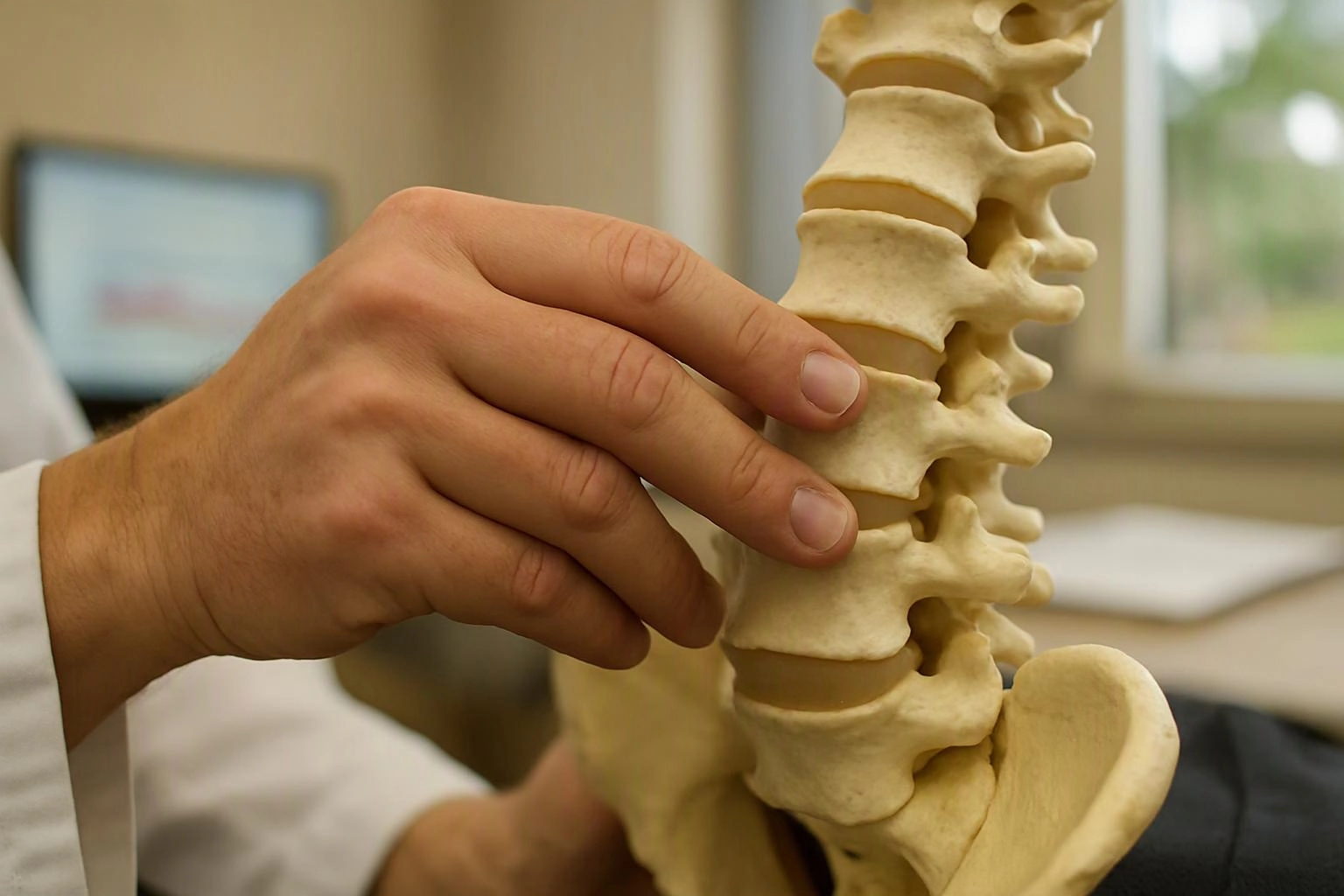 A doctor’s hand points at a spine model in a clinic office