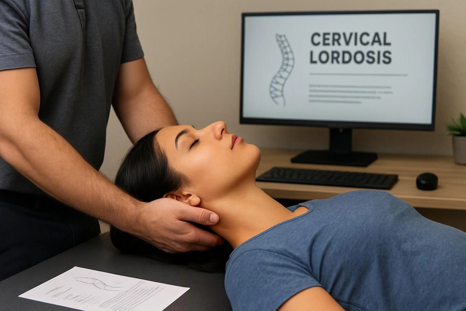 A therapist gently supports a woman’s neck while a monitor displays “CERVICAL LORDOSIS” and a spine diagram