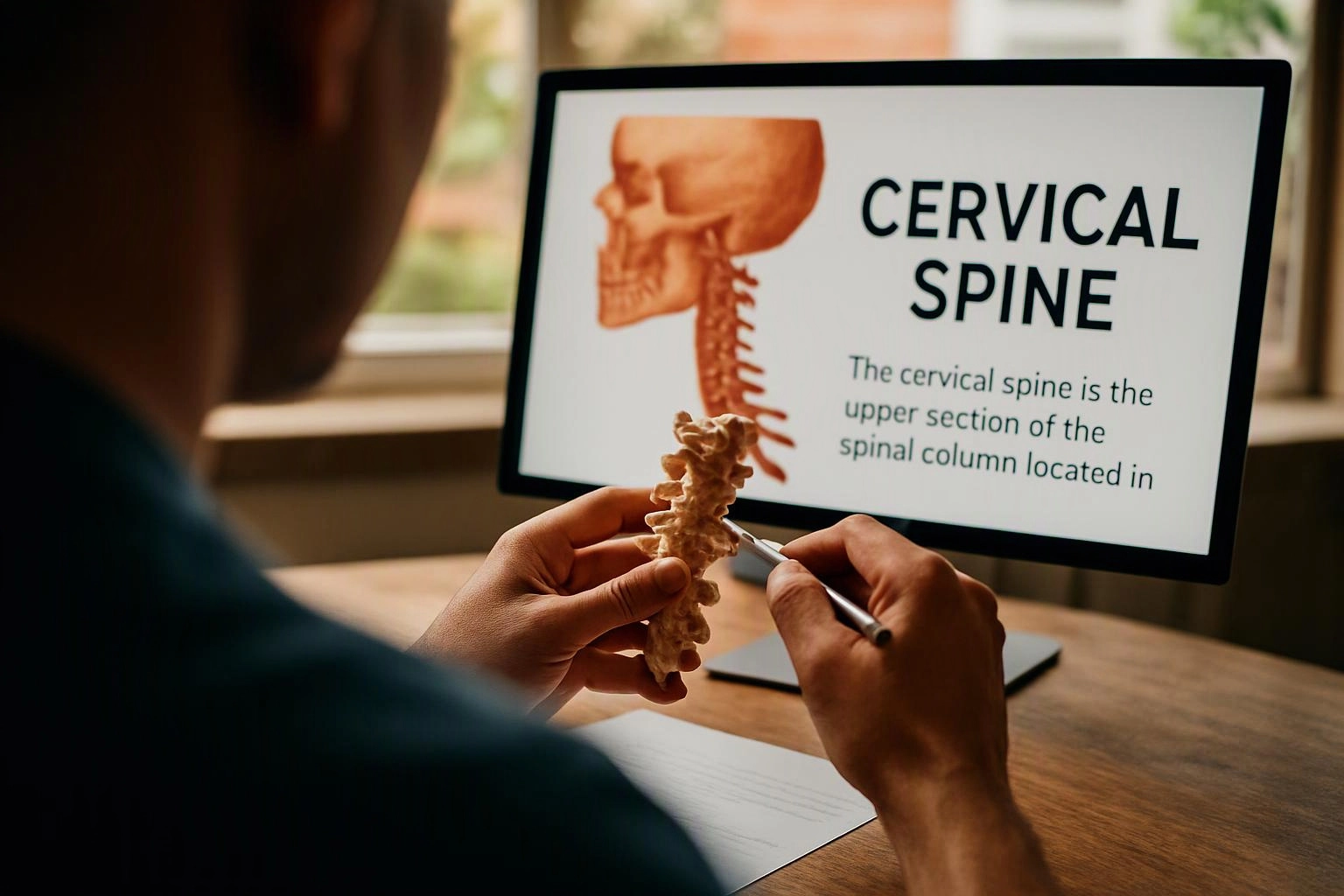 A person studies a spine model at a desk beside a monitor showing “CERVICAL SPINE” and a skull diagram