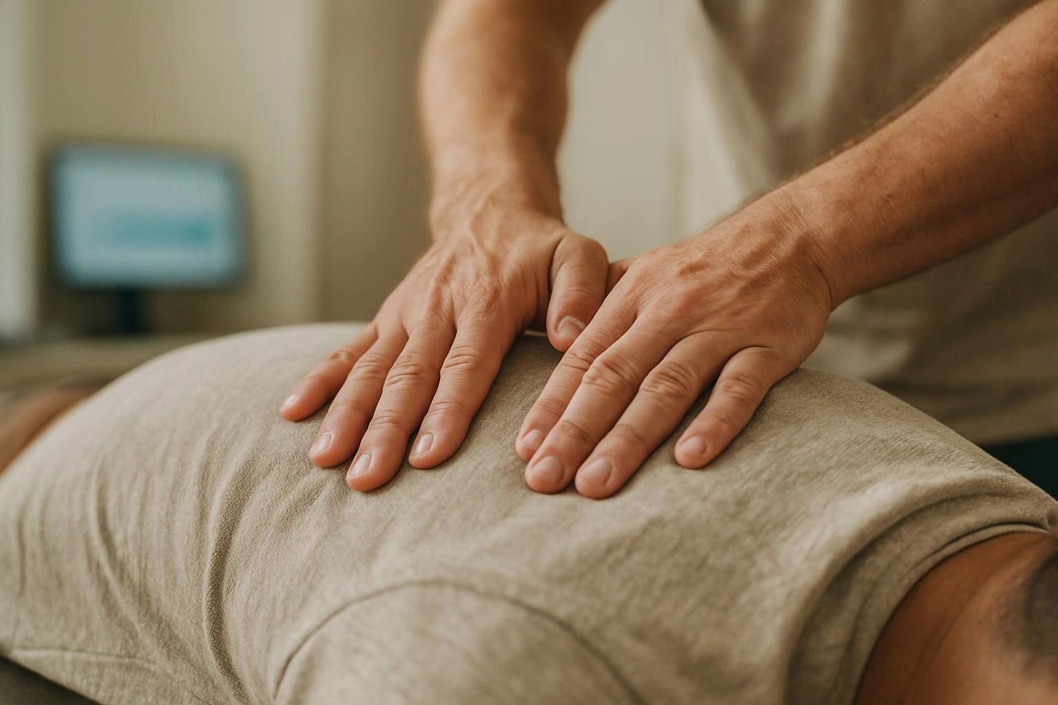 A person presses both hands onto another person’s back in a massage room