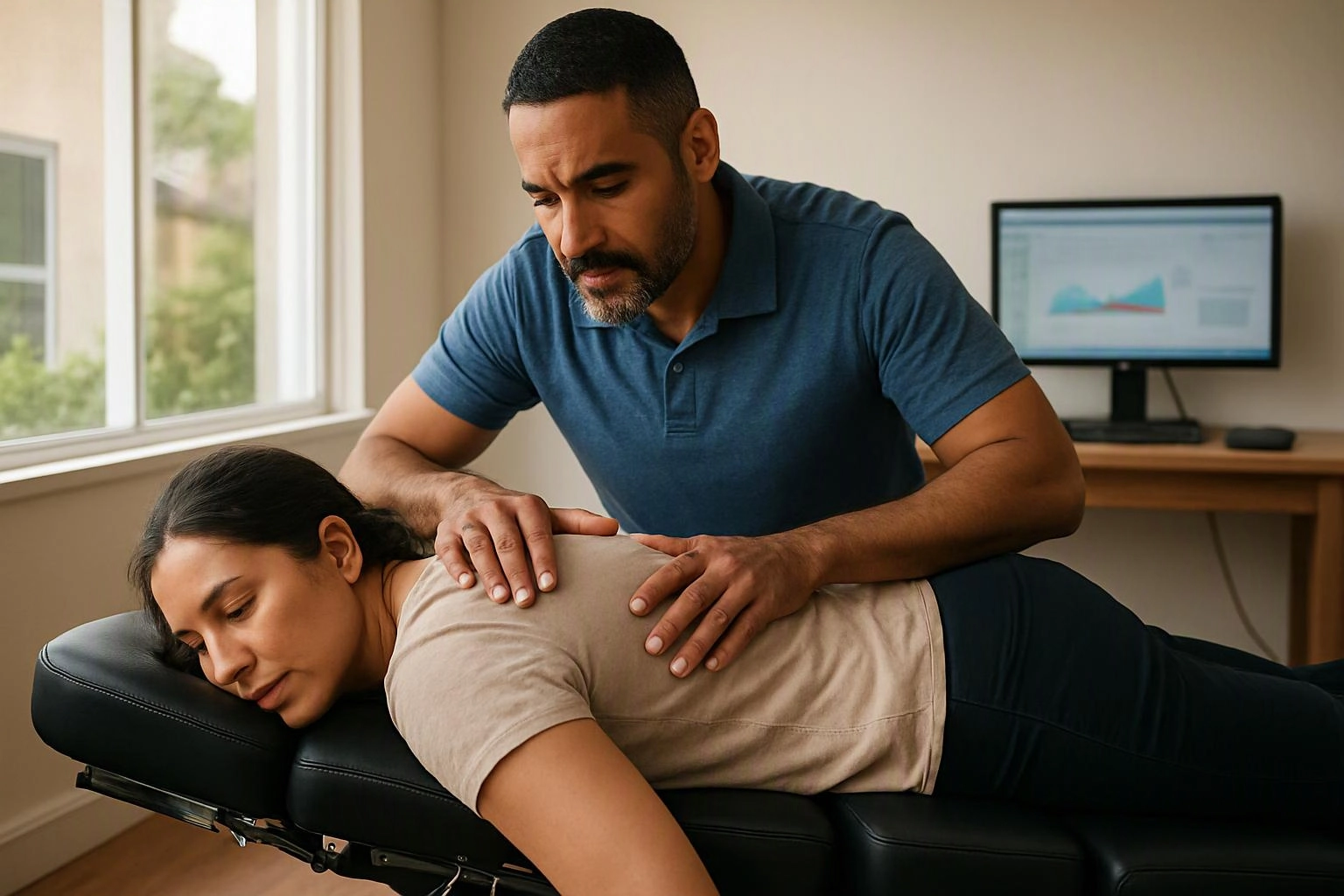 A therapist adjusts a woman lying face down on a treatment table in a bright room