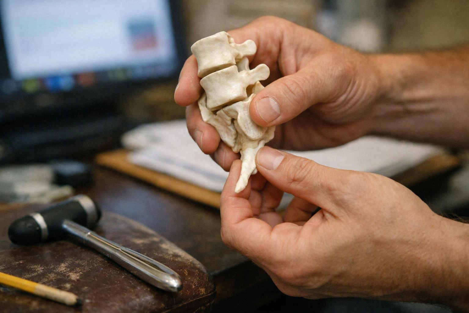 Hands hold a small spine model over a desk with a hammer and blurred computer screen