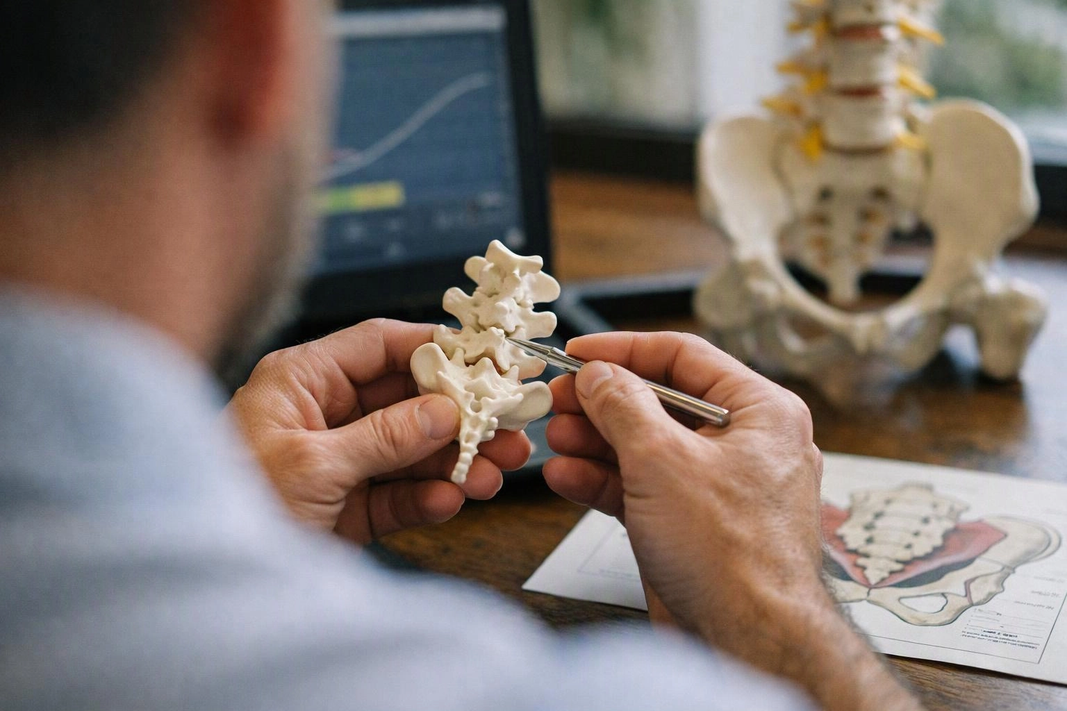 A person examines a small spine model with a metal pointer beside a laptop and pelvic bone model