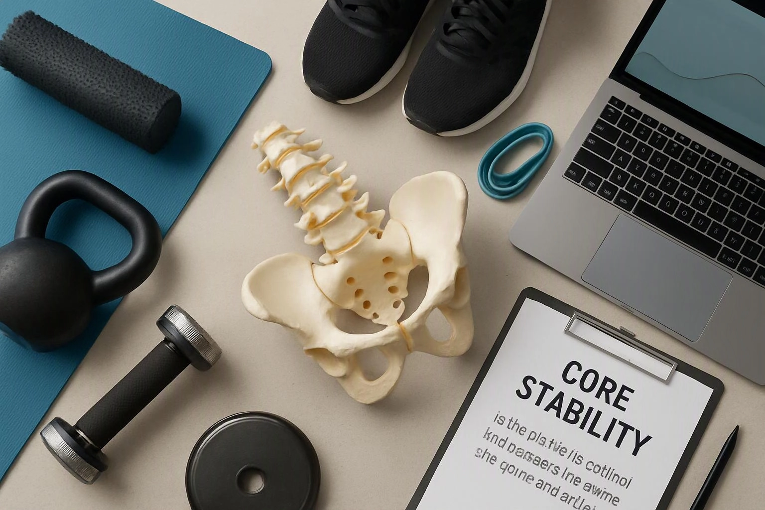 Fitness gear surrounds a pelvis model and laptop on a desk with a clipboard labeled core stability