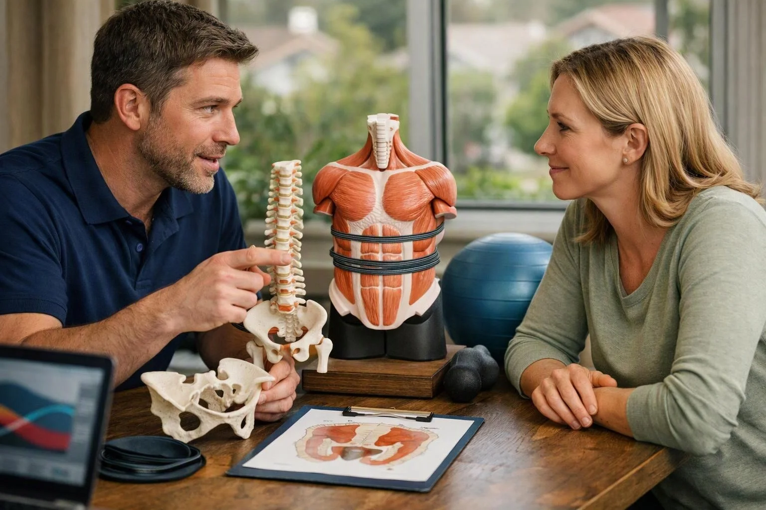 A man explains a spine model to a woman across a table with anatomy models and exercise gear nearby