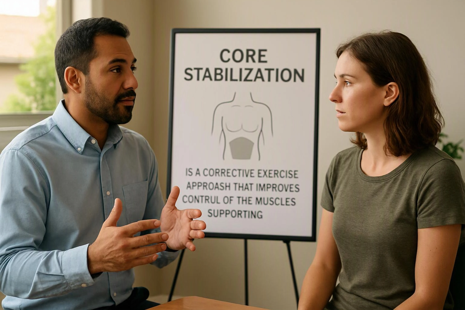 Two people face each other beside a poster about core stabilization in a bright room