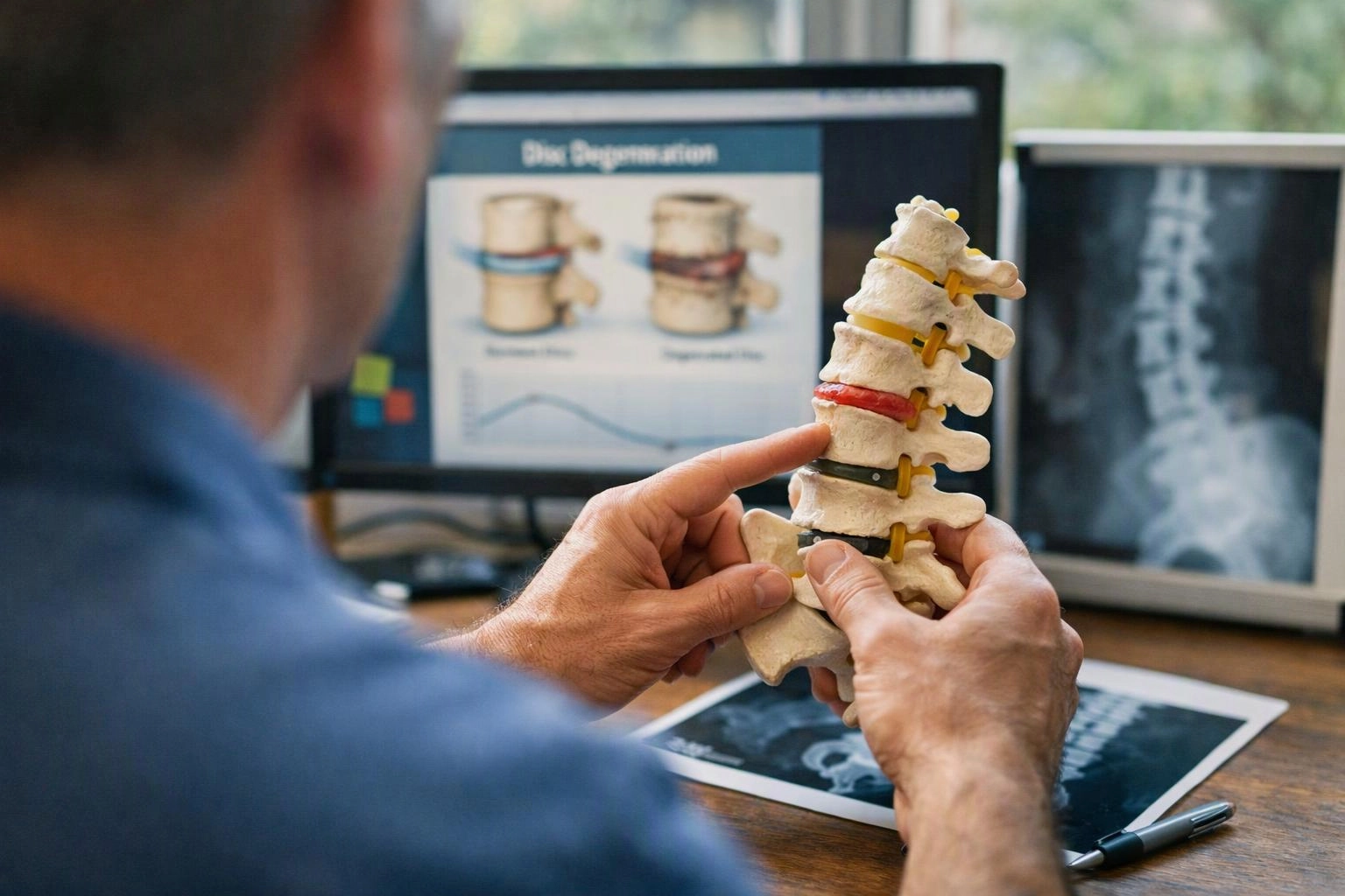 A person holds a spine model while viewing X-ray images on dual computer monitors at a desk