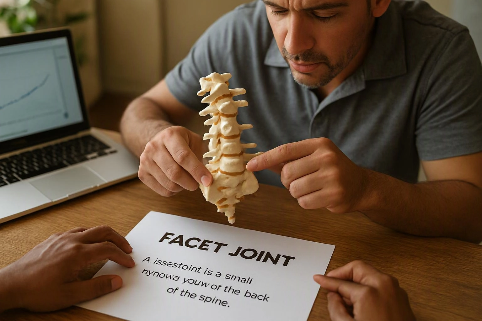 A man points at a spine model beside a laptop, while a card reads “FACET JOINT” on the table
