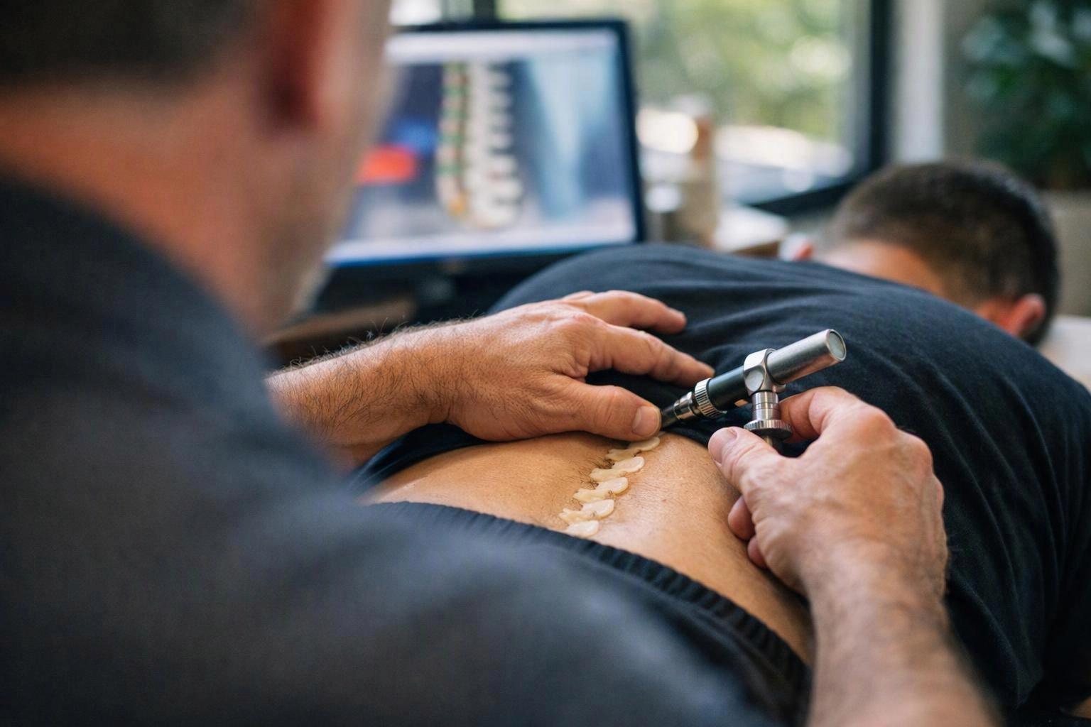 A clinician adjusts a metal tool on a patient’s lower back beside a computer screen in a clinic room