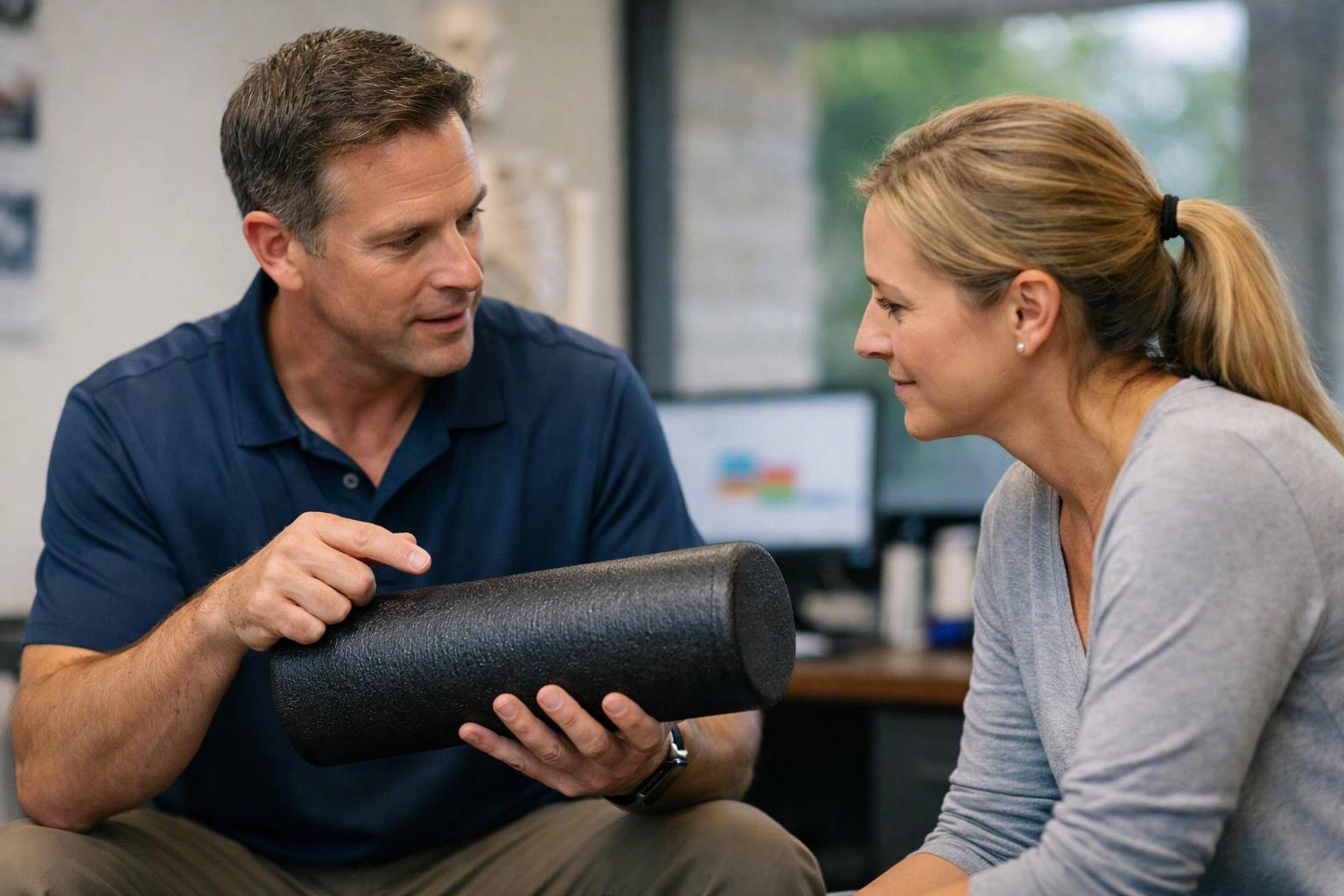 A man shows a black foam roller to a woman in an office setting