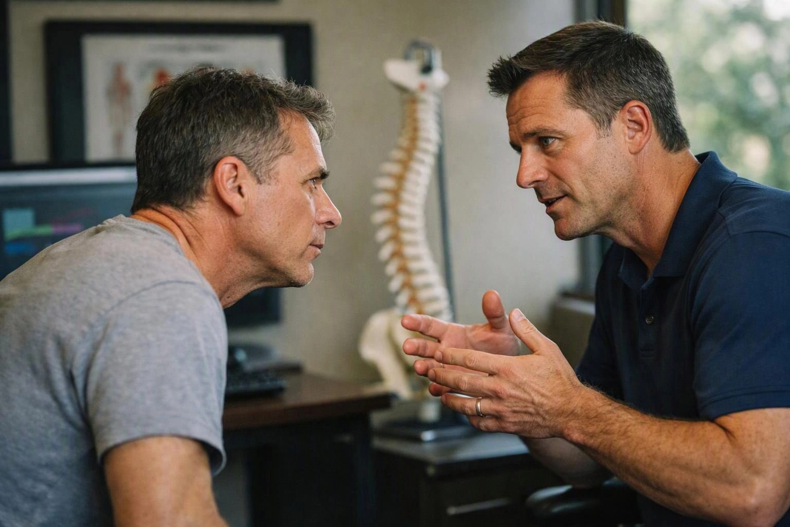 Two men sit facing each other in a medical office, talking with a spine model in the background