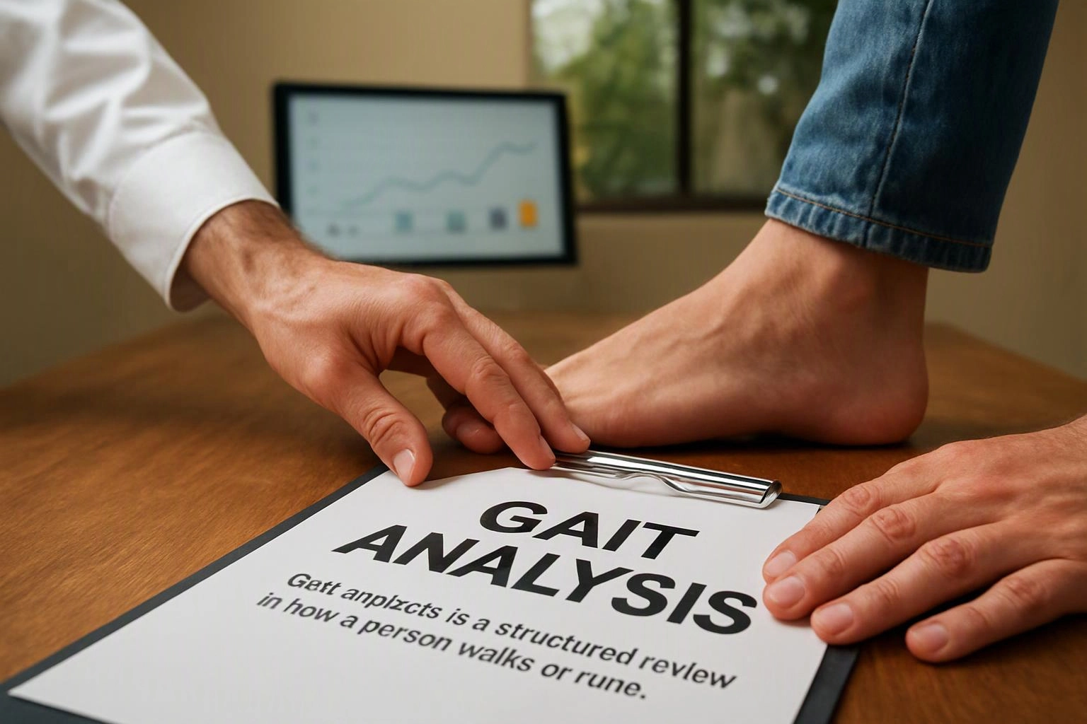 Hands review a clipped page titled “GAIT ANALYSIS” beside a bare foot on a wooden table