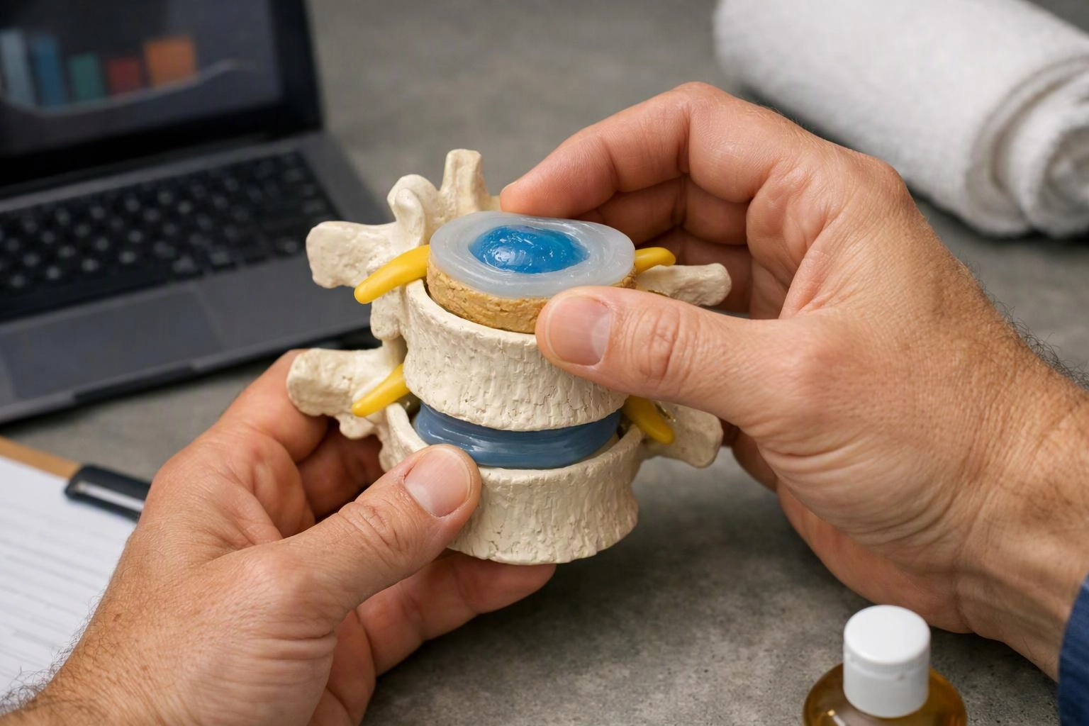 Hands hold a small spine model on a desk beside a laptop and notebook