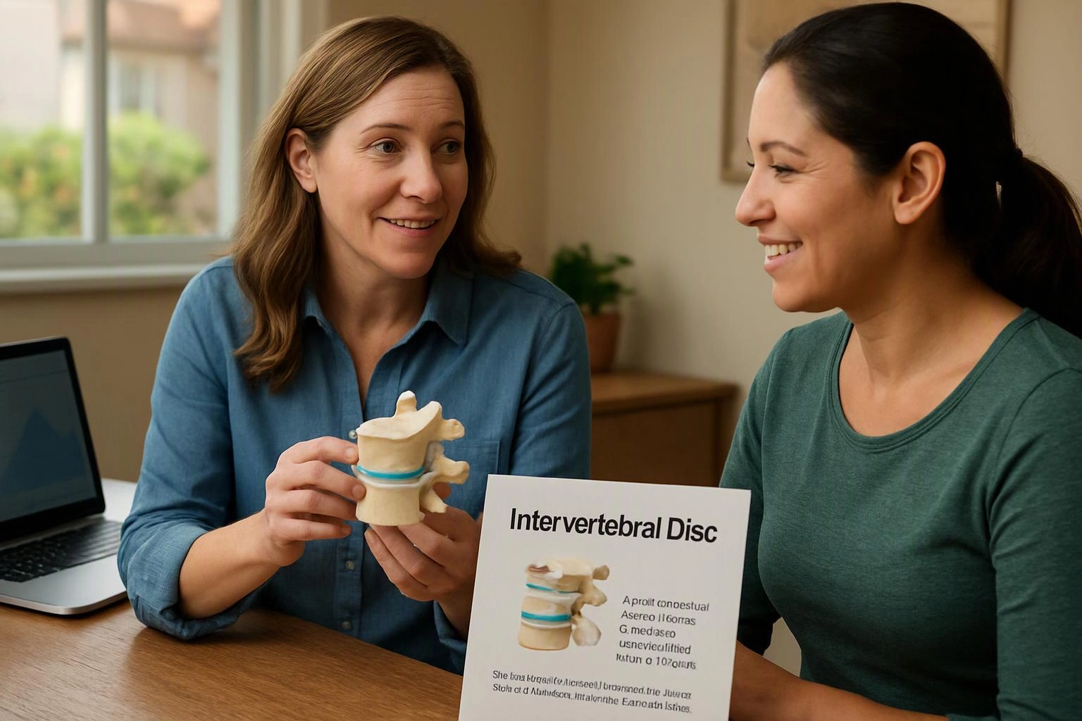 Two women sit at a table, looking at a spine model and an "Intervertebral Disc" card in a bright room