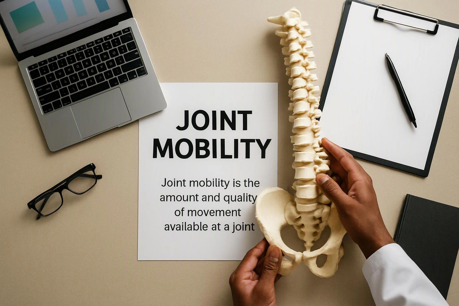 Hands hold a spine model beside a joint mobility handout on a desk with a laptop, glasses, and clipboard