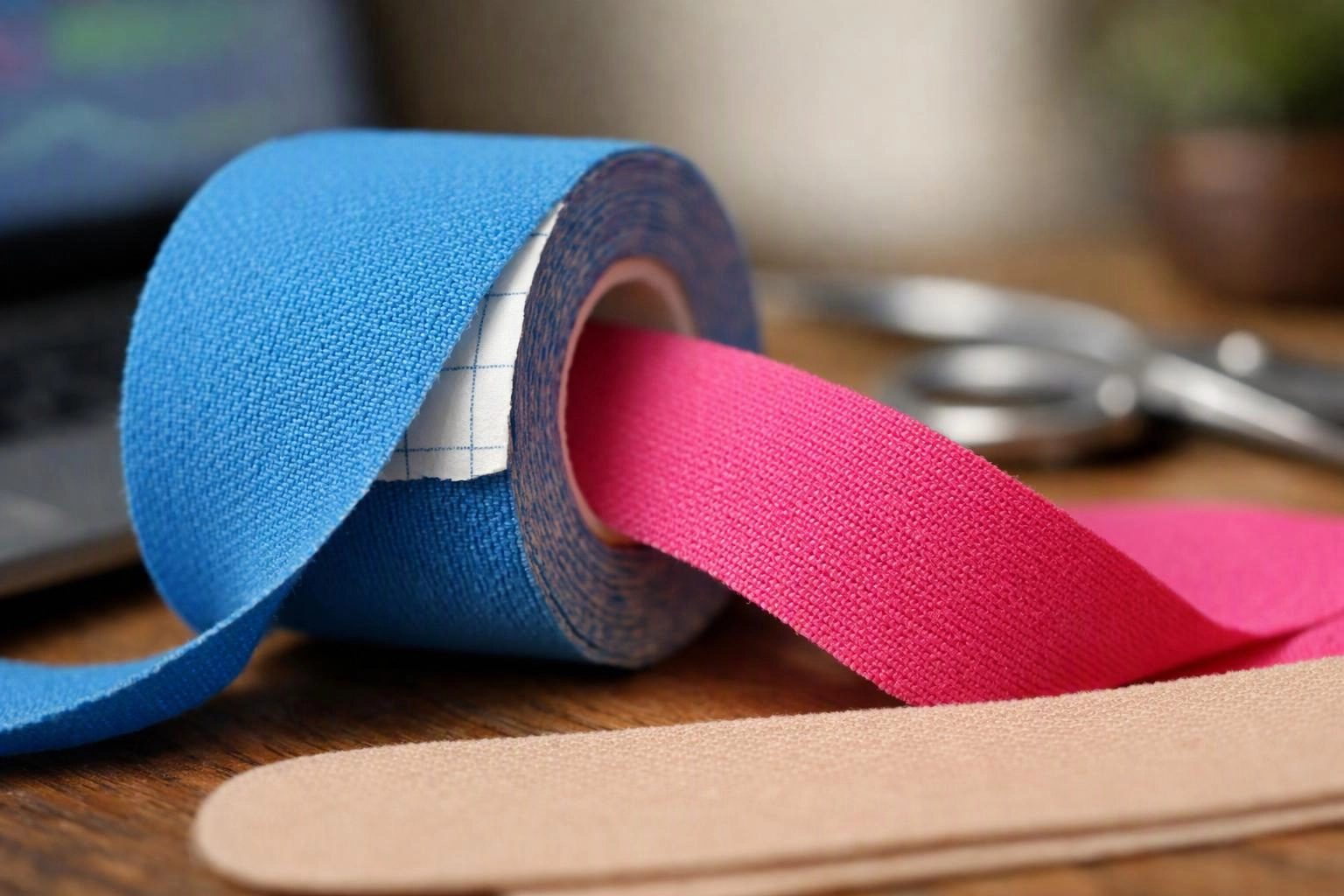 A blue roll of athletic tape feeds out pink and beige strips on a wooden table