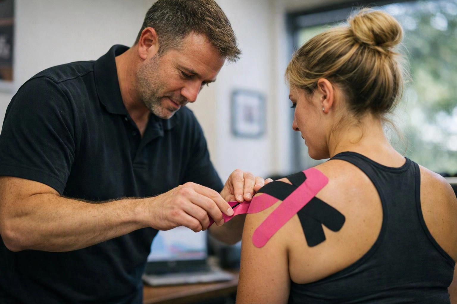 A man applies pink and black kinesiology tape to a woman's shoulder in a clinic room