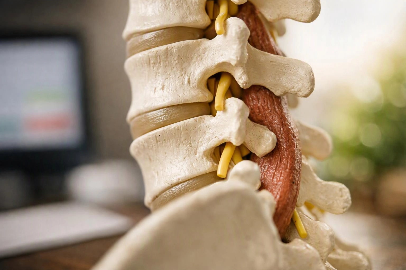 Close-up of a spine model showing vertebrae, yellow nerves, and a red muscle strip in a clinic setting