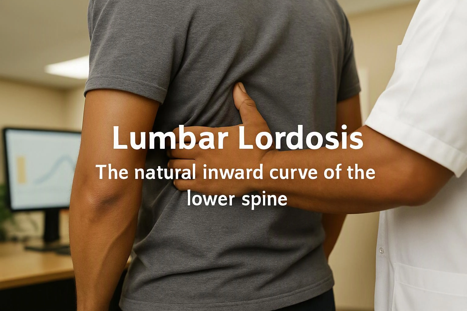 A clinician presses on a man’s lower back in an exam room, with lumbar lordosis text on screen