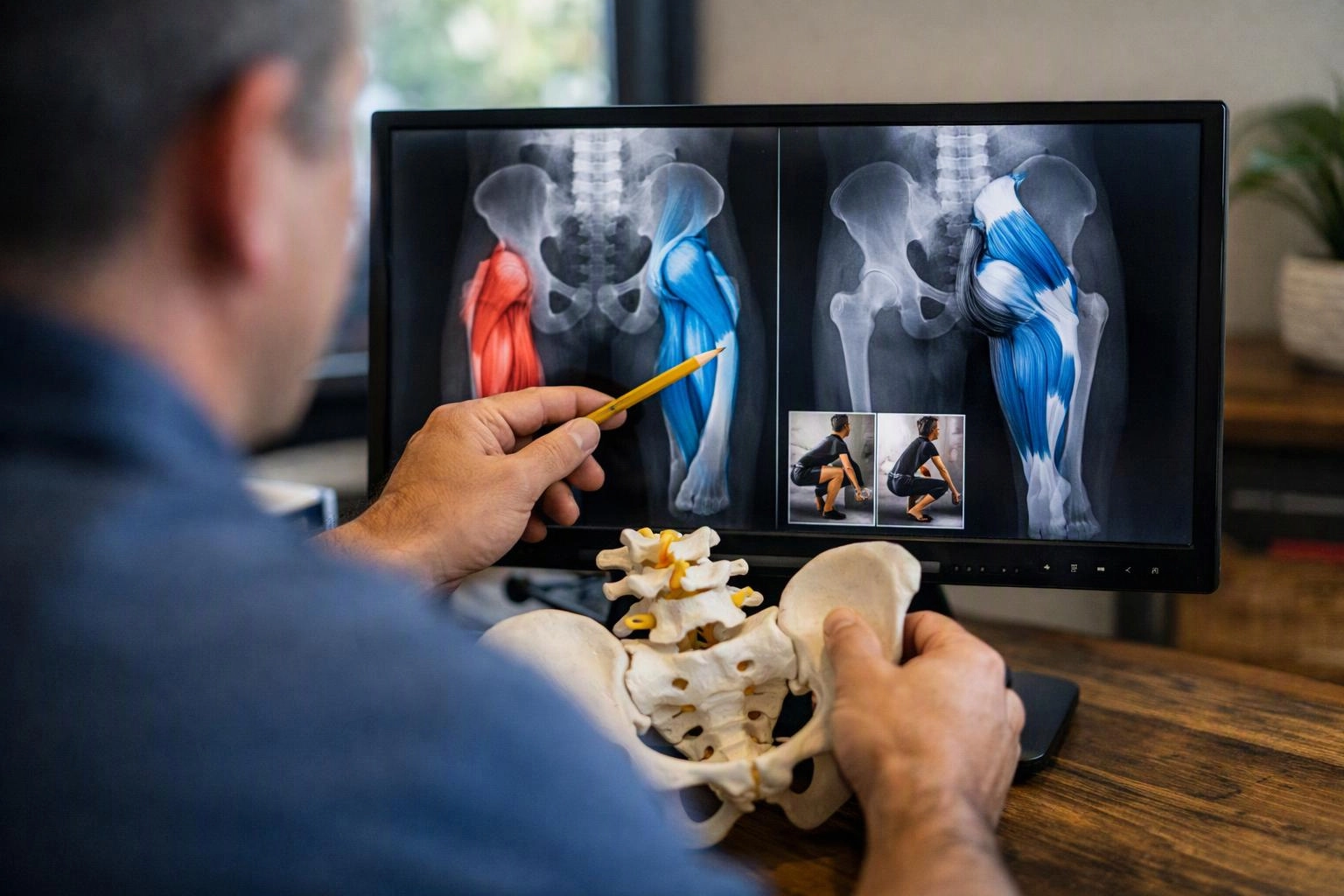 A person points at hip anatomy on a monitor while holding a pelvis model at a desk