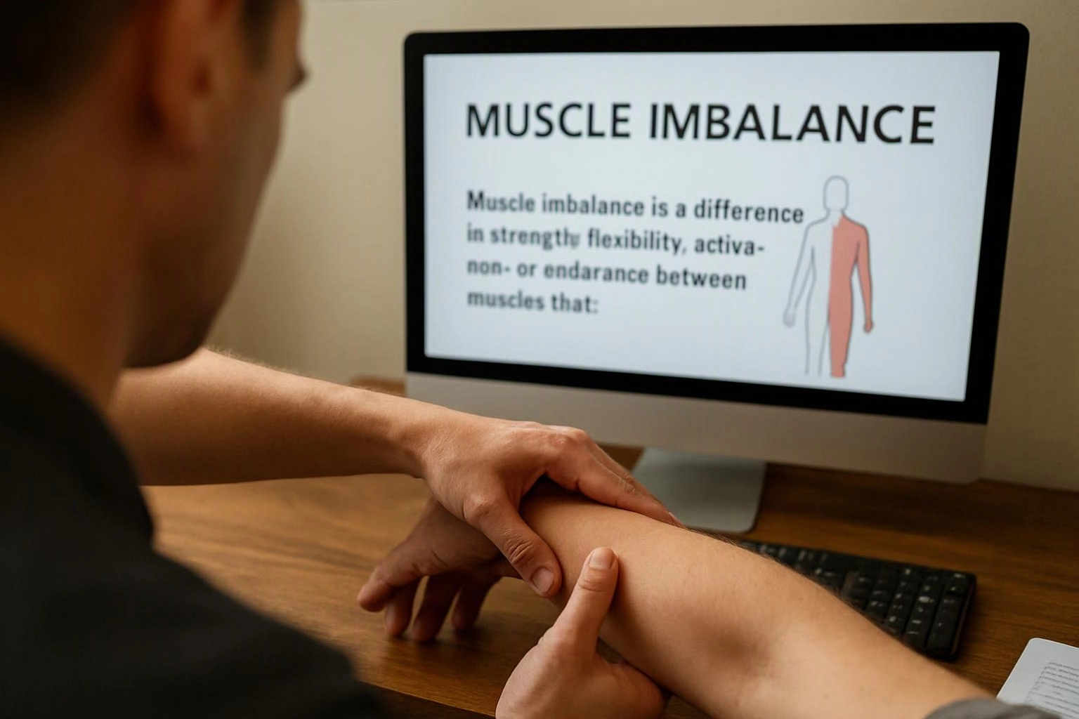 A person gently holds another person’s forearm while a monitor shows “MUSCLE IMBALANCE” with a body diagram