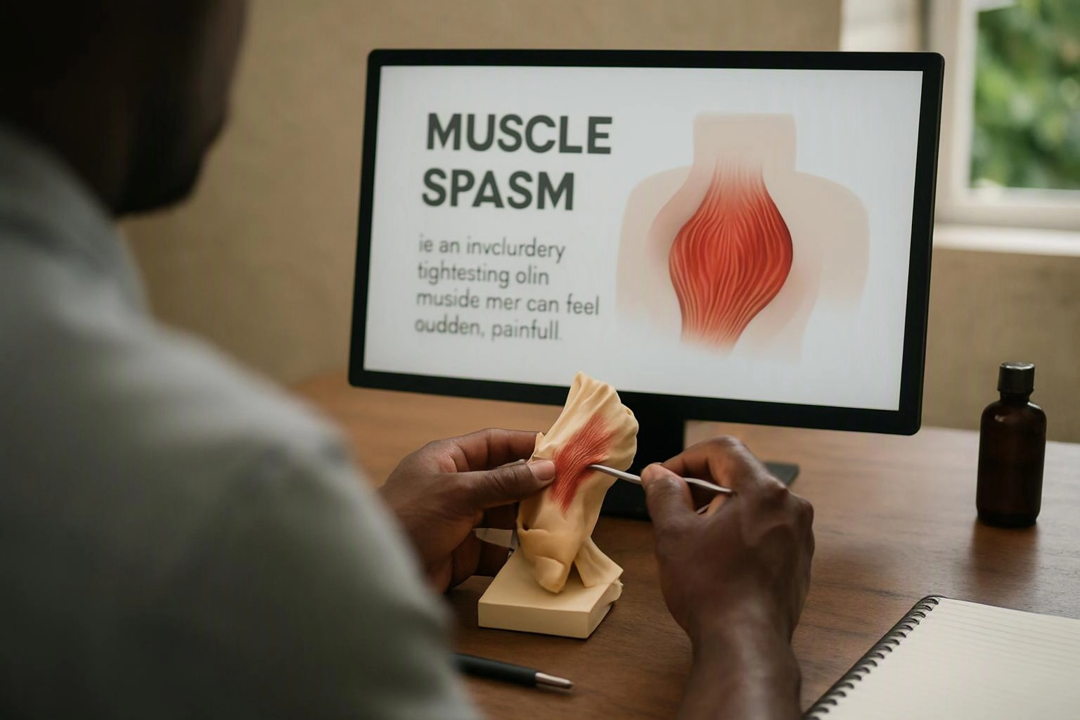 A person studies a muscle model at a desk while a monitor shows “MUSCLE SPASM” and an anatomy diagram