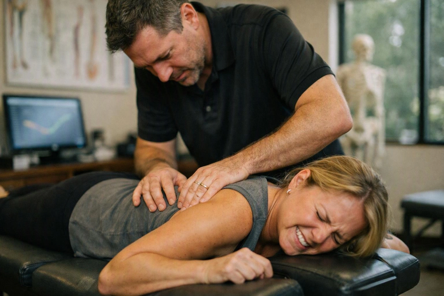 A man presses on a woman’s back as she lies face down on a treatment table in a clinic room