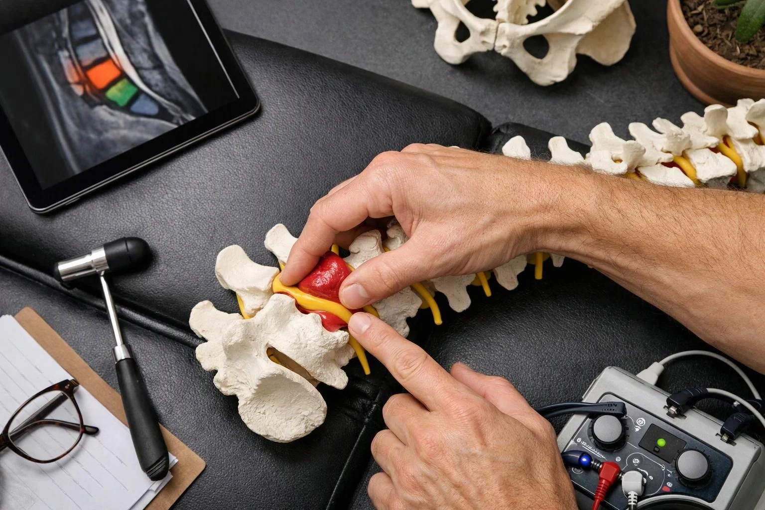 Hands point to a red spinal model beside a tablet, hammer, notebook, and audio device on a desk