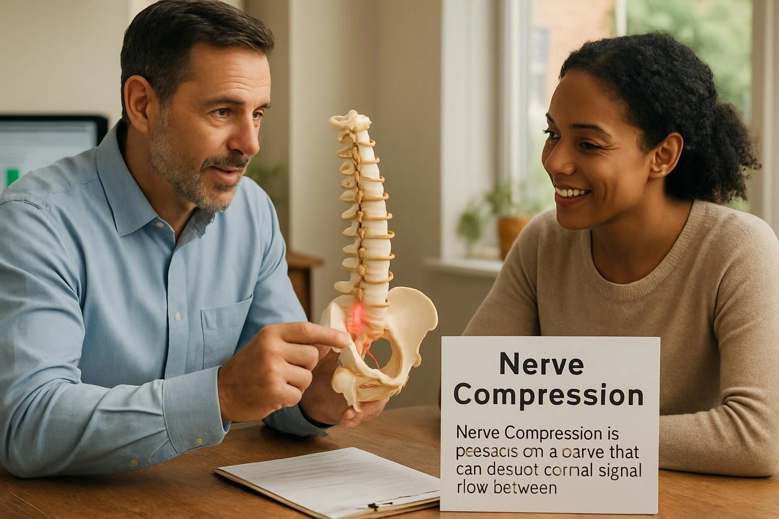 Two people discuss a spine model at a table beside a sign about nerve compression