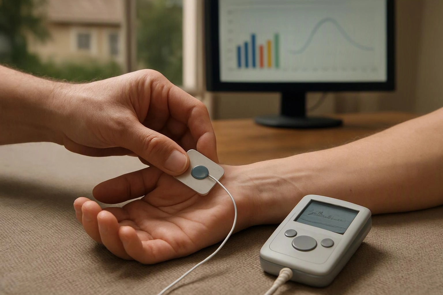 A hand places a sensor pad on a resting wrist beside a small monitor on a table