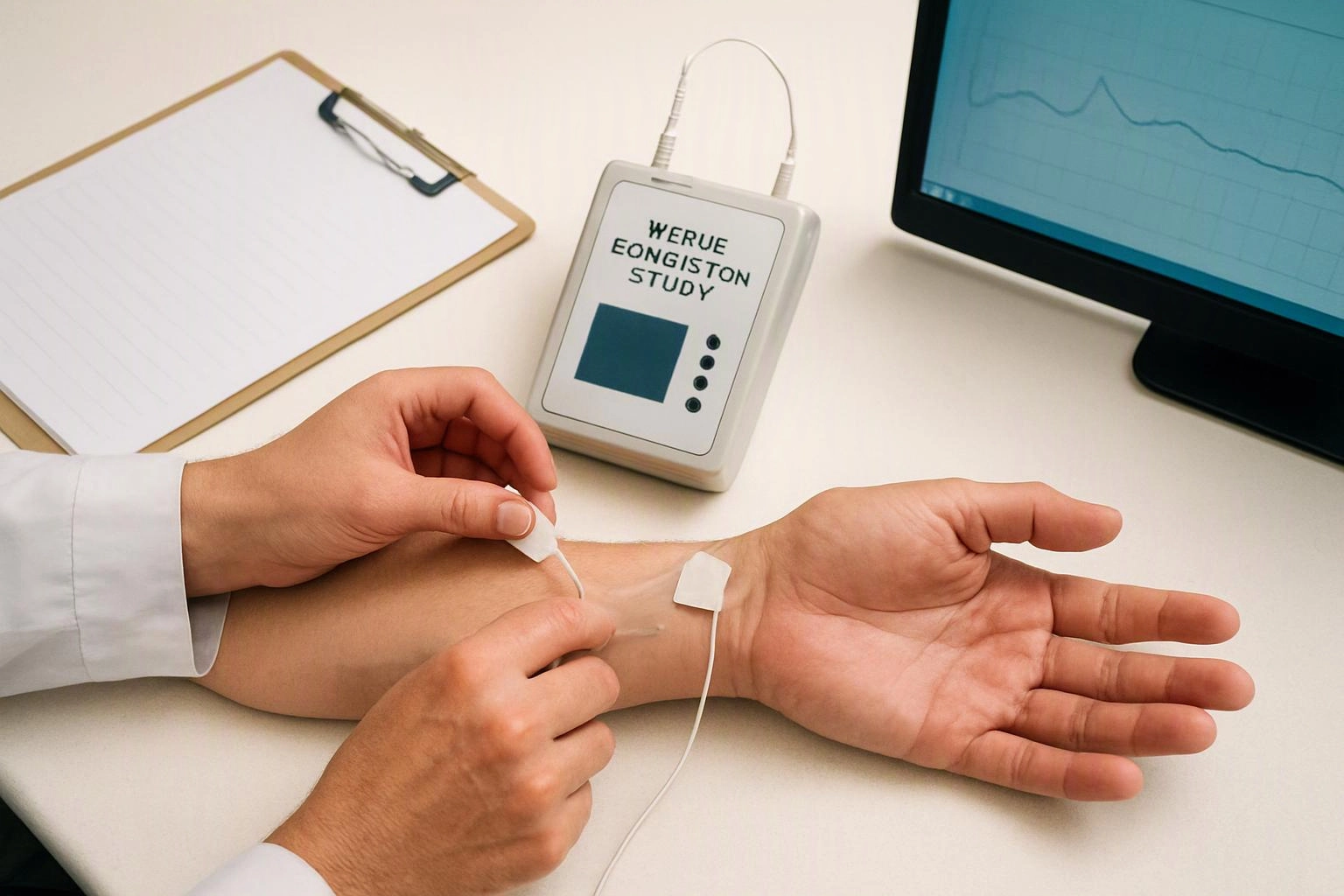 A clinician attaches electrodes to a patient’s forearm beside a monitor, clipboard, and medical device