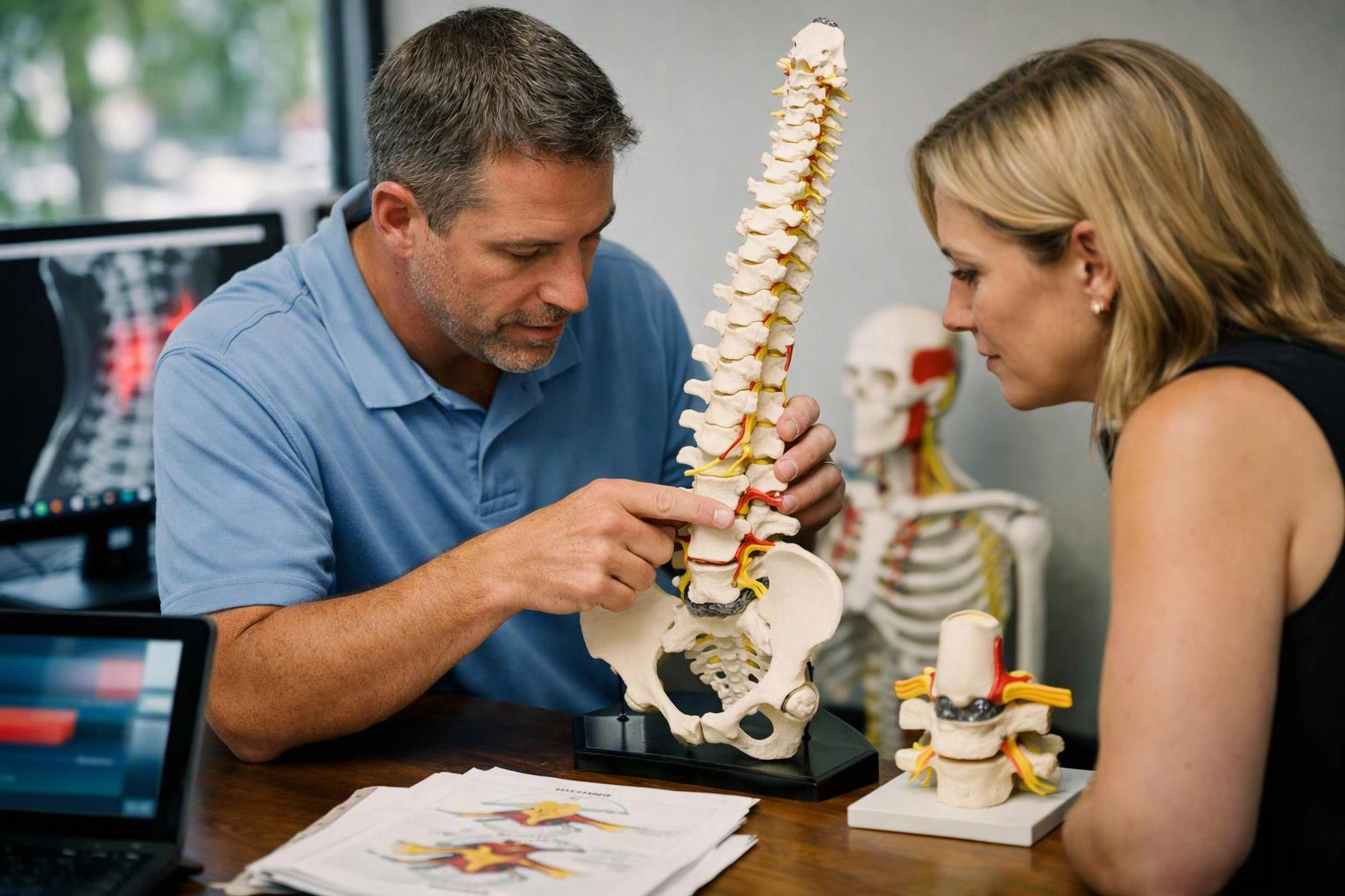 A man shows a woman a spine model at a desk with medical skeleton models and charts nearby
