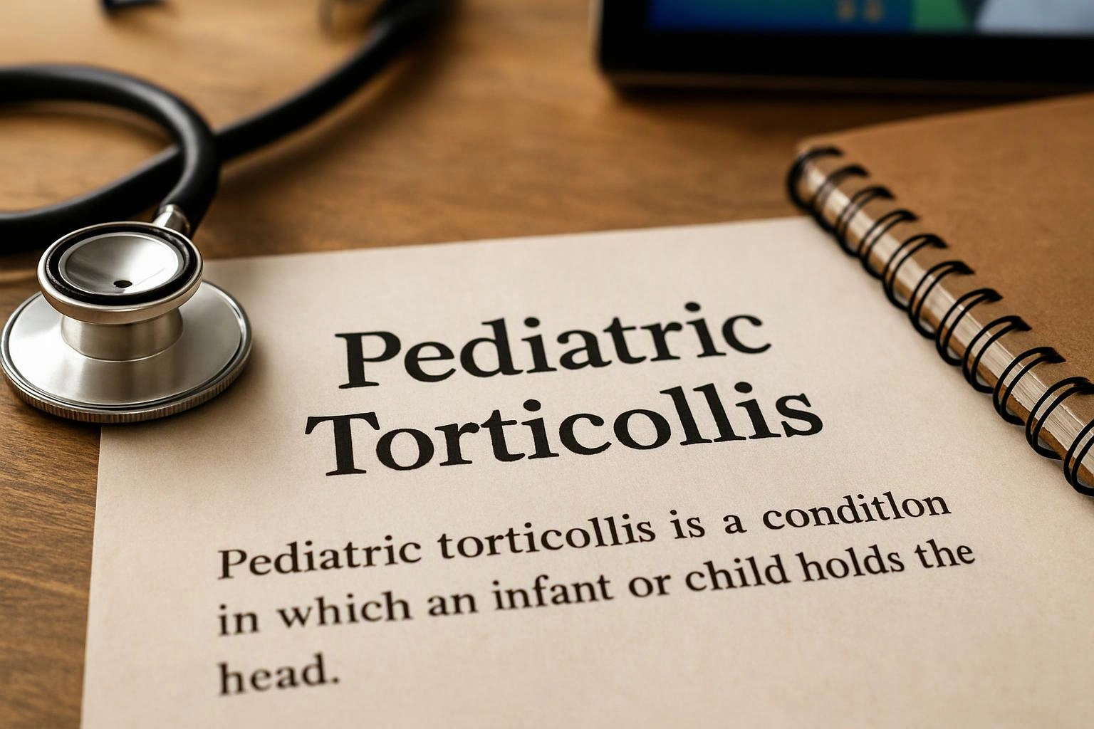 A stethoscope rests beside a notebook page titled Pediatric Torticollis on a wooden desk