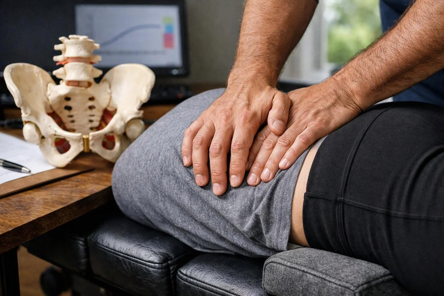 A therapist presses both hands on a person’s lower back beside a spine model on a desk