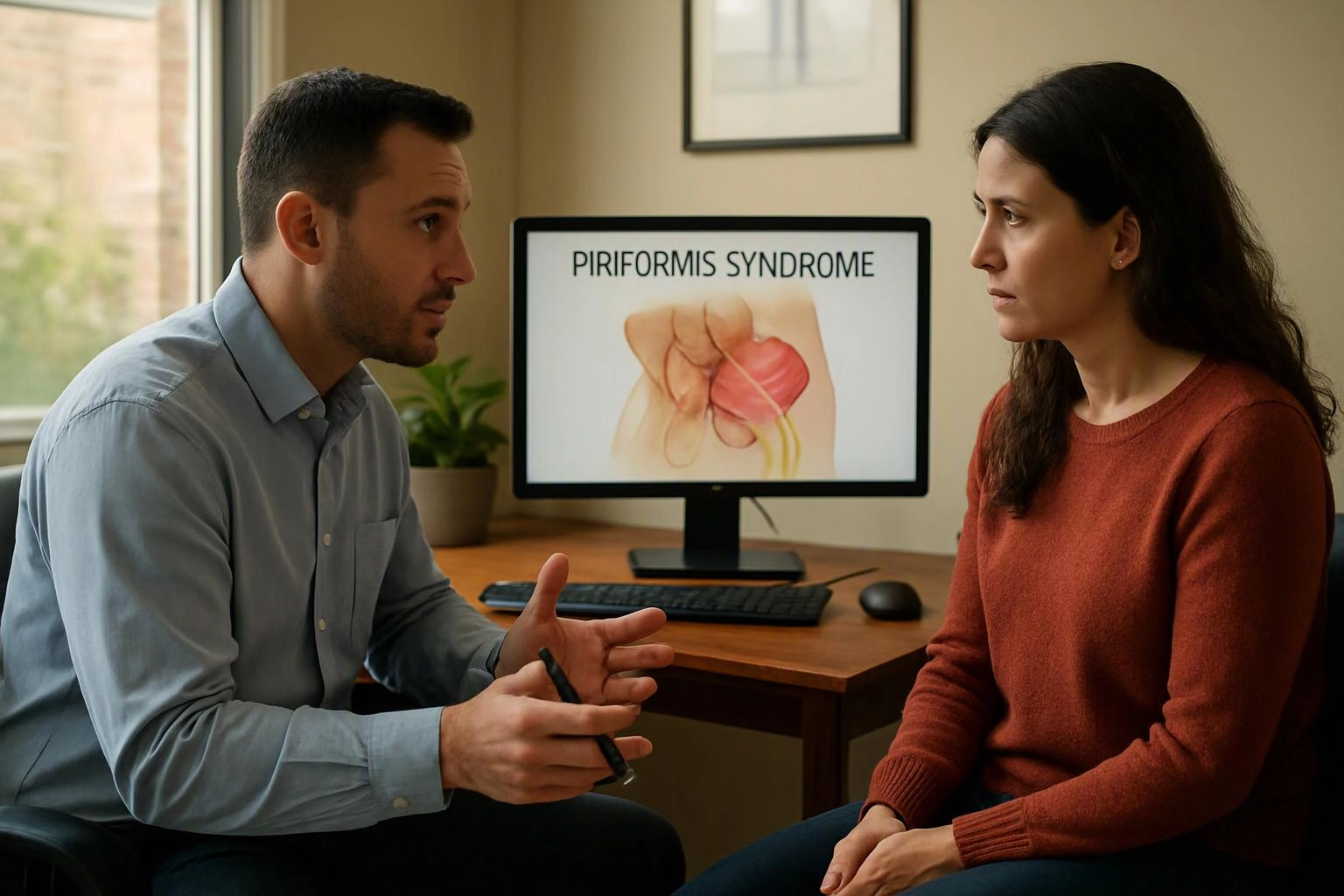 A man explains piriformis syndrome to a seated woman beside a desk monitor showing a medical diagram